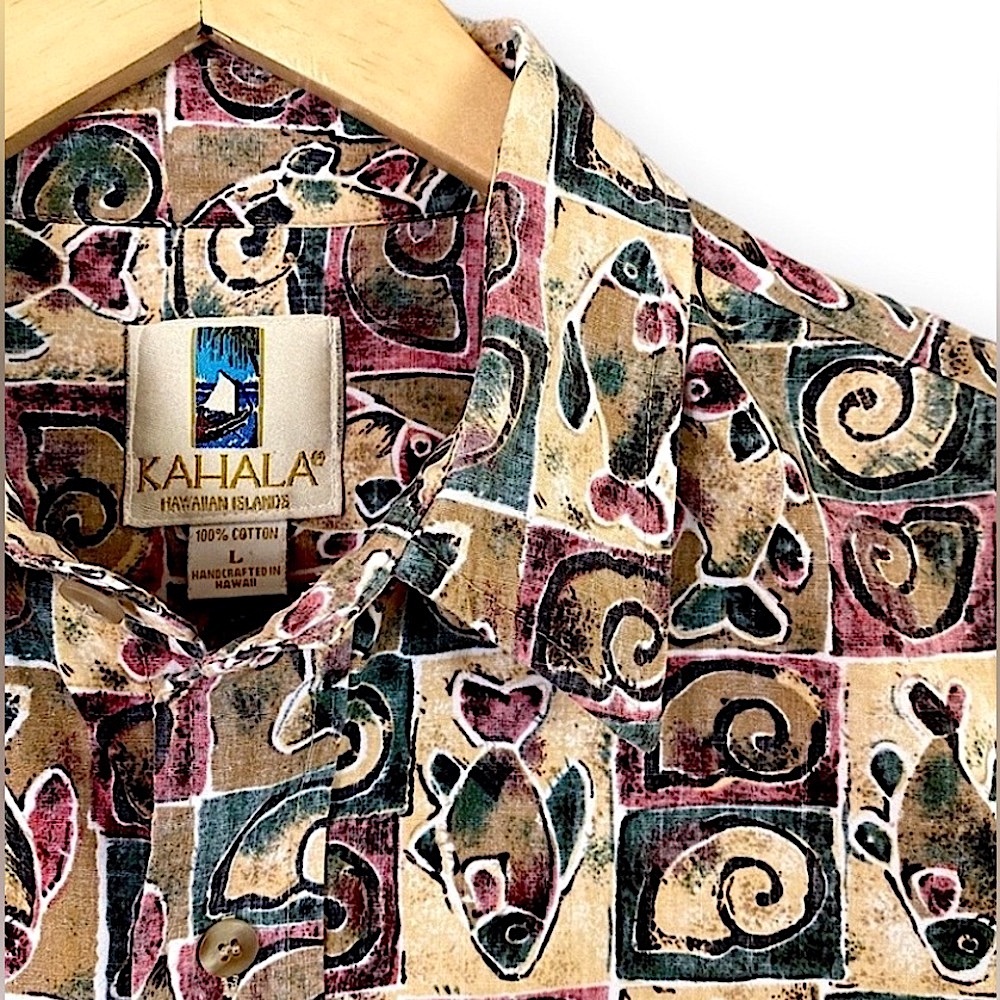 Vintage 90s Kahala Hawaiian Shirt L Fish + Shells Print Green Multicolor Novelty